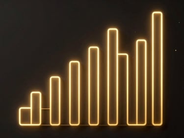 Abstract digital bar chart with glowing gold neon bars on a deep charcoal background, high-contrast studio lighting, 35mm