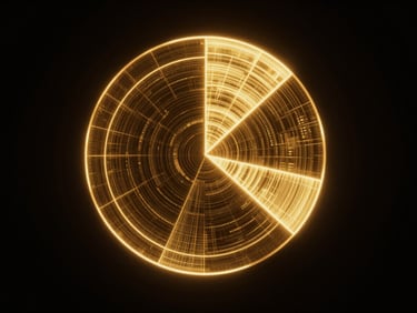 Abstract glowing gold pie chart visualization, digital data interface, dark high-contrast background, 35mm