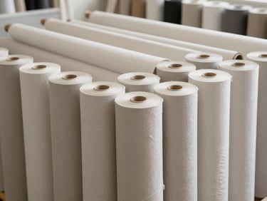 Clean, wide-angle shot of neatly organized rolls of high-quality fabric in a modern, well-lit warehouse, soft diffused natural studio light, minimalist fashion photography, neutral tactile tones.