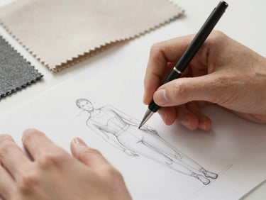 Macro shot of hands meticulously drawing a technical flat sketch on paper, surrounded by fabric samples, soft diffused studio lighting, minimalist fashion photography, high-detail texture.