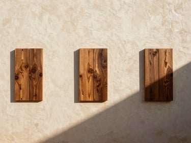 Textured blocks of Atlas cedarwood casting long shadows on a minimalist Moroccan plaster wall, warm editorial photography, ivory and bronze tones.