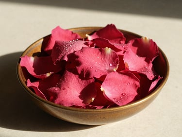 Close-up of fresh, dew-kissed Moroccan rose petals in a bronze-accented ceramic bowl, warm afternoon sunlight, sharp architectural shadows.