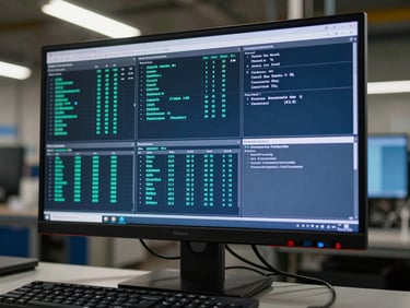 Close-up overhead shot of a factory workstation monitor displaying a multi-panel dashboard with module status indicators in cyan and navy, keyboard and mouse at the lower edge, industrial ambient lighting from above, no people in frame, data clearly legible on screen
