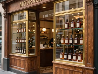 Warm wood and brass interior of the Monroe Street storefront, elegant glass display cases holding amber tincture bottles, soft natural light, sophisticated mid-century aesthetic.