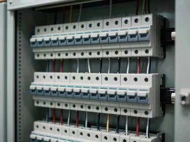 Close-up of a pristine, professionally organized electrical distribution panel with neatly routed wiring, circuit breakers, and industrial cable trays, cool-toned technical lighting, high contrast.