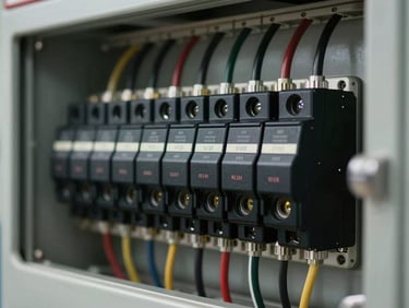 Detalhe macro de um quadro de distribuição elétrica industrial impecável, fiação perfeitamente organizada em canaletas pretas, disjuntores com marcações técnicas precisas, iluminação fria e focada.