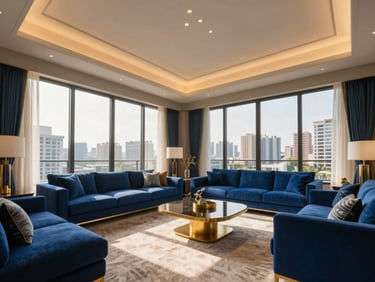 Modern interior of a high-rise apartment living room with city view, sun-drenched, wide-angle lens, rich royal blue and gold accents