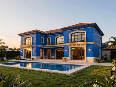 Luxurious villa exterior with manicured garden and swimming pool, golden-hour sunlight, wide-angle architectural shot, rich royal blue and gold accents