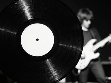 Close-up of a heavy-weight black vinyl record with a stark white label, slightly worn, against a dark, gritty background, high contrast, 35mm film grain.