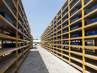Architectural shot of a modern logistics hub in Santo Domingo, showing clear pathways and organized shelving, bright natural daylight, clean navy and gold accents, professional corporate photography.