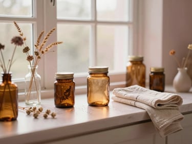 A serene, sun-drenched Pembroke Park studio counter with dried botanicals, clean amber jars, and soft linen towels, warm side-lighting.