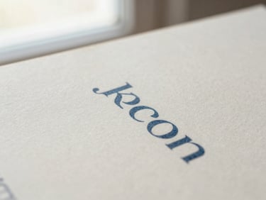 Macro photograph of printed brand collateral on textured cream paper stock, soft natural window light, subtle slate blue ink details, 35mm lens.