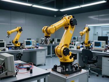 Wide-angle environmental shot of a modern robotics laboratory, a yellow six-axis industrial robotic arm centered, metal workbenches with oscilloscopes and wiring harnesses, cool low-key lighting.