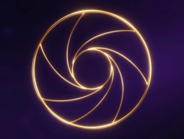 Macro shot of a golden ratio spiral, glowing gold geometric lines over a deep indigo and royal purple background, moody high-contrast chiaroscuro lighting, mystical 3d render