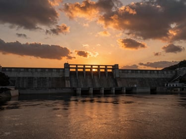 Wide panoramic shot of a massive concrete river dam and water reservoir at sunset, majestic engineering scale, dramatic orange and dark grey clouds reflecting on the water surface.