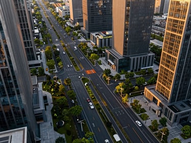 An aerial panoramic perspective of a modern smart city transit corridor integrated with lush green belts, high-contrast golden hour lighting, clean architectural lines.