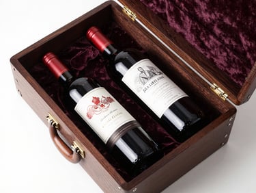 Overhead flat-lay of a premium executive wine gift case, dark polished wood, two bottles of red wine with labels visible, padded velvet interior, white studio background, sharp daylight-balanced lighting