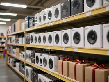 Organized warehouse shelving with boxed audio products and gift packages neatly stacked in rows, bright overhead fluorescent lighting, clean and orderly commercial storage environment