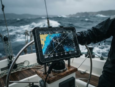 Macro shot of a rugged Android tablet displaying high-contrast marine telemetry and sea charts, mounted on a sailboat cockpit, stormy overcast coastal light, 35mm