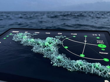 High-fidelity Android interface showing real-time marine coordinates, wind direction, and tidal currents, glowing seafoam green on a pitch-black screen, macro shot