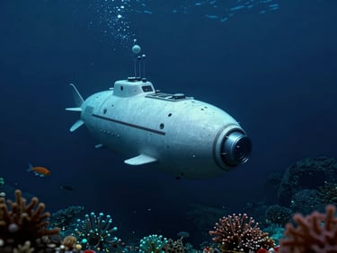 Atmospheric game concept art of a deep-sea exploration submarine navigating a dark abyssal trench with bioluminescent sea life, moody 35mm cinematic lighting