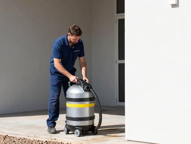 A professional water damage technician in a clean uniform operating a high-capacity water extraction vacuum inside a Phoenix building, bright natural daylight, sharp focus.