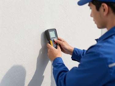 Crisp editorial photo of a professional water restoration technician in a clean uniform adjusting a commercial moisture meter against a dry-wall, bright daylight, sharp focus, 35mm lens.