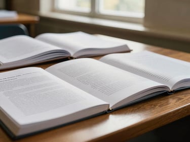 Close-up of academic texts and notebooks on a polished wooden desk in a sunlit library, shallow depth of field, warm academic photography.