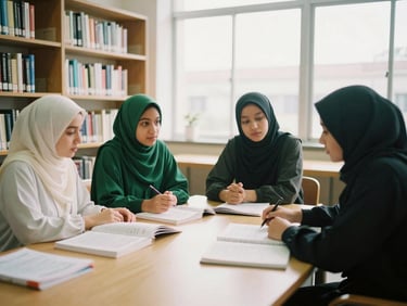Postgraduate students discussing Islamic education management in a modern campus library, soft natural light, academic texts on table, 35mm