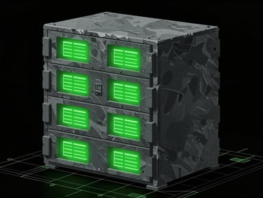 High-contrast illustration of a secure, sealed data archive, brutalist architecture, slate and green tones, schematic blueprint, dark background.