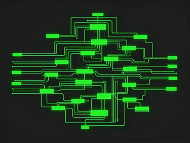 Abstract vector graphic depicting non-linear data flow, high contrast, terminal green glow, schematic style, dark background.