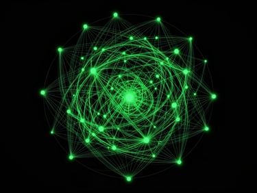 Orbital view of a complex planetary network schematic, stark lines, deep void background, glowing green nodes, dark background.