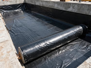 Low-angle wide shot of a deep foundation excavation site, thick black waterproofing membrane being rolled onto concrete walls under harsh daylight