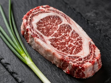 Close-up of raw, beautifully marbled ribeye steak and vibrant fresh scallions arranged on a dark slate board, dramatic overhead lighting.