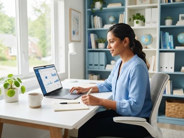 Bright editorial photography of a professional Indian adult studying with a laptop in a modern, sunlit home office, clean blue and white tones, optimistic academic focus, 35mm lens