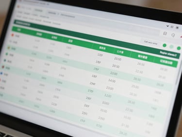 Close-up of a clean digital interface showing a financial dashboard with green status markers and organized data tables, bright daylight