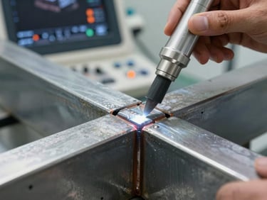 Extreme close-up of a technical ultrasound probe scanning a thick steel weld seam, crisp orange indicators on the screen, industrial setting, high contrast daylight.