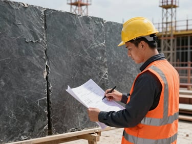 Civil engineer reviewing structural blueprints on an active industrial construction site, crisp daylight, high contrast slate and safety orange tones, sharp focus