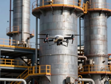 Professional industrial drone flying over a large steel refinery structure, crisp daylight, high contrast slate and safety orange tones, sharp focus