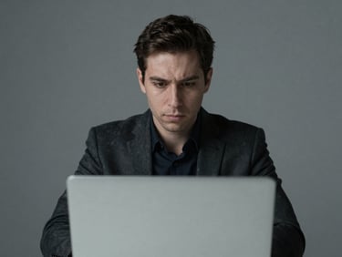 Deadpan portrait of a man staring blankly at a laptop screen with a half-written document, cool corporate lighting, desaturated tones, centered framing