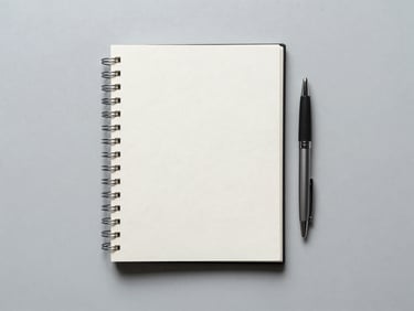 Minimalist workspace with a blank notebook and an unused pen, cool corporate lighting, desaturated tones, centered framing