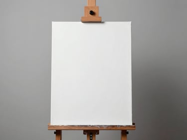 Empty white canvas on an easel in a sterile studio, cool corporate lighting, desaturated tones, centered framing