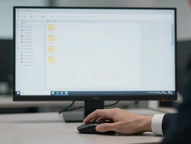 Medium-close shot of a corporate professional's hand hovering over a mouse on a clean desk, screen showing meticulously organized but empty desktop folders, cool corporate lighting, desaturated tones, centered framing