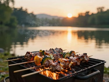 Skewers of gourmet barbecue items, featuring vegetables and marinated meats, grilling over an open flame by the lake, warm glow, rich atmosphere.