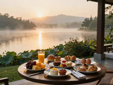 A gourmet breakfast spread on a private villa deck, featuring fresh fruits, pastries, and eggs, with Pawana Lake in the misty background, warm golden hour light.