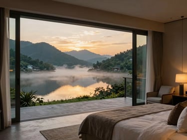 Expansive King Room villa interior, modern amenities, private balcony with panoramic mountain views at twilight.