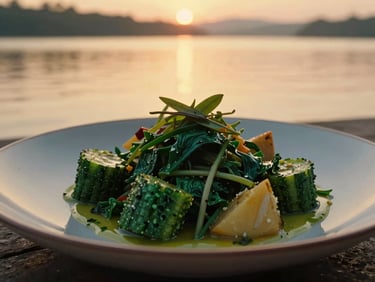 An artfully plated vegetarian dinner dish, vibrant colors, close-up, warm-lit photography, deep emerald and gold tones.