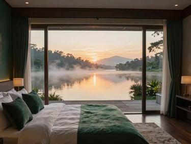 Luxurious Cozy Queen villa interior, plush bedding, soft lighting, large window overlooking Pawana Lake at dawn.