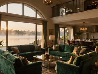 Deluxe Family AC villa living area, comfortable seating, large windows, elegant decor, suitable for group stays, bathed in golden hour light.