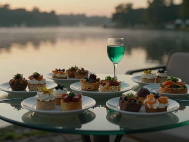 A close-up of elegantly plated evening snacks, small savory bites and refreshing drinks, on a glassmorphism table, moody twilight lighting.